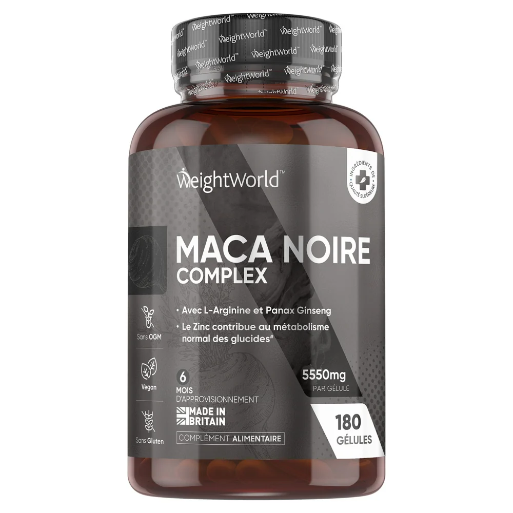 ww-black-maca-fr-front WeightWorld Black Maca Complex 5550mg — L-Arginine & Panax Ginseng | 180 Gélules | 6 Mois – Image 1
