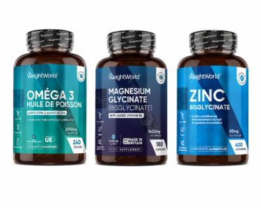 Pack WeightWorld avec Oméga 3 240 gélules, Magnésium Bisglycinate 180 capsules et Zinc Bisglycinate 400 comprimés