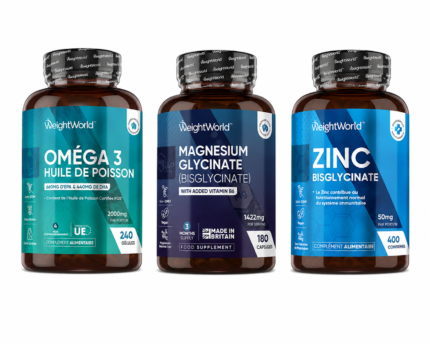 Pack WeightWorld avec Oméga 3 240 gélules, Magnésium Bisglycinate 180 capsules et Zinc Bisglycinate 400 comprimés