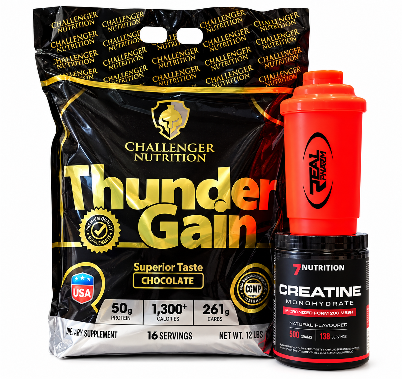 pack thunder 1 Pack Mass Gainer – Thunder Gain Challenger Nutrition + Créatine 7Nutrition 500 g + Shaker – Image 1