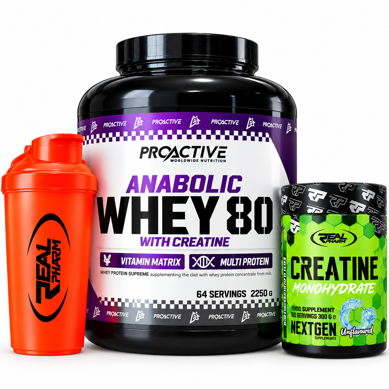 Pack Performance Anabolic Whey 80 + Créatine + Shaker Pack Anabolic Whey 80 ProActive Créatine Real Pharm et Shaker